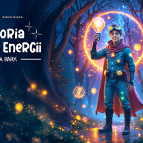 Grafika z chłopcem ubranym w strój Dr. Strange'a z filmów Marvela. Na sobie ma niebieski kombinezon i czerwoną pelerynę. W uniesionej ręce trzyma zapaloną żarówkę. W tle rozświetlony las.