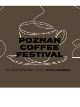 Na brązowym tle grafika filiżanki z kawą.