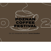 Na brązowym tle grafika filiżanki z kawą.