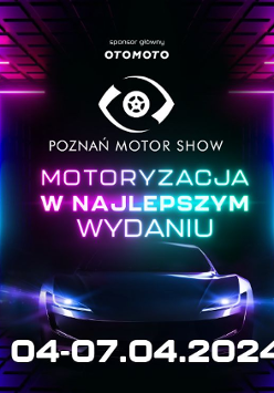 Napis:"Otomoto. Poznań Motor Show. Motoryzacja w najlepszym wydaniu. 04-07.04.2024". Grafika ze sportowym samochodem, który jest oświetlony przez kolorowe neony.