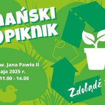 Plakat promujący wydarzenie "Poznański EKOpiknik". Tło jest zielone z motywami liści, strzałek recyklingu oraz konturami przedmiotów takich jak wieszak, koszulka, gumowa kaczuszka i doniczka z rośliną. W centralnej części widnieje duży, biały napis: "Poznański EKOpiknik".