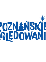 Na biały tle ozdobny niebieski napis "Poznańskie Kolędowanie".