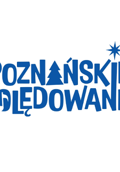 Na biały tle ozdobny niebieski napis "Poznańskie Kolędowanie".