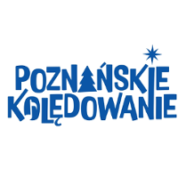 Na biały tle ozdobny niebieski napis "Poznańskie Kolędowanie".