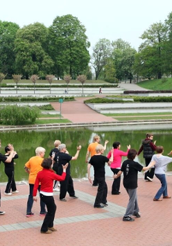 Osoby w różnym wieku stoją nad wybrzeżem stawu na Cytadeli i ćwiczą ruchy Tai Chi. W tle drzewa parku i reszta ścieżki nad stawem.