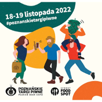 Obrazek przedstawia plakat promujący Poznańskie Targi Piwne 2022. Znajduje się na nim para, stukająca się szklanką i butelką. Poza tym, po jego prawej stronie znajduje się mężczyzna niosący na barana humanoidalną postać, posiadającą szyszkę chmielu w miejscu głowy.