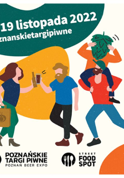 Obrazek przedstawia plakat promujący Poznańskie Targi Piwne 2022. Znajduje się na nim para, stukająca się szklanką i butelką. Poza tym, po jego prawej stronie znajduje się mężczyzna niosący na barana humanoidalną postać, posiadającą szyszkę chmielu w miejscu głowy.