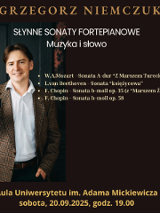 Plakat, który reklamuje koncert Późne arcydzieła Fryderyka Chopina, zdjęcie artysty na tle ciemnej ściany, obok napisy informujące o wydarzeniu.