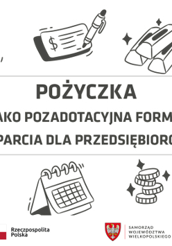 Grafika promocyjna bezpłatnego szkolenia pod tytułem "Pożyczka, jako pozadotacyjna forma wsparcia dla przedsiębiorców", szkolenie odbędzie 24 listopada 2023 r. na platformie Zoom.