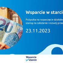 Grafika promocyjna bezpłatnego szkolenia pod tytułem "Pożyczka na rozpoczęcie działalności gospodarczej "Wsparcie w Starcie" - szansą na założenie i rozwój przedsiębiorstwa", szkolenie odbędzie 23 listopada 2023 r. na platformie Zoom.