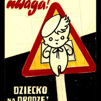 Jedna z prac artysty Henryka Derwicha. Dziecko w kapelusiku na znaku drogowym.