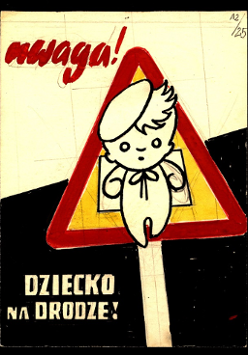 Jedna z prac artysty Henryka Derwicha. Dziecko w kapelusiku na znaku drogowym.