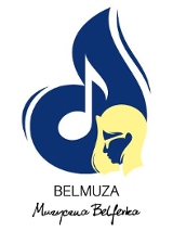 Logo pracowni muzycznej Belmuza. Niebieska nutka i profil kobiety z blond włosami i okularami.