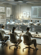 To zdjęcie zostało zrobione za pomocą sztucznej inteligencji DELL-E. Nie ma wyraźnych granic, ale są bardzo gładkie. Pokazuje ludzi siedzących przy komputerach.