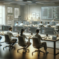 To zdjęcie zostało zrobione za pomocą sztucznej inteligencji DELL-E. Nie ma wyraźnych granic, ale są bardzo gładkie. Pokazuje ludzi siedzących przy komputerach.