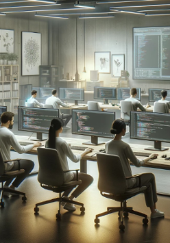 To zdjęcie zostało zrobione za pomocą sztucznej inteligencji DELL-E. Nie ma wyraźnych granic, ale są bardzo gładkie. Pokazuje ludzi siedzących przy komputerach.