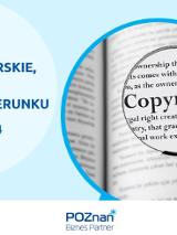 Grafika promująca szkolenie pt."Prawo autorskie, licencje i ochrona wizerunku". Zdjęcie przedstawia lupę skierowaną na fragment tekstu w języku angielskim, gdzie głównym słowem jest "Copyright".