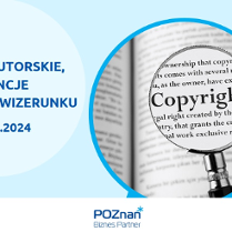 Grafika promująca szkolenie pt."Prawo autorskie, licencje i ochrona wizerunku". Zdjęcie przedstawia lupę skierowaną na fragment tekstu w języku angielskim, gdzie głównym słowem jest "Copyright".