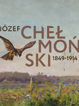 Obraz Józefa Chełmońskiego, a na nim napis Józef Chełmoński 1849-1914. Na obrazie łąka z kwiatami a nad nią drapieżny ptak.