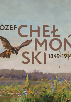 Obraz Józefa Chełmońskiego, a na nim napis Józef Chełmoński 1849-1914. Na obrazie łąka z kwiatami a nad nią drapieżny ptak.