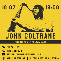 Na żółtym tle grafika saksofonisty na niej napisy, które informują o wydarzeniu.