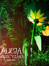 Zdjęcie zrobione nocą w parku, w którym podświetlono rosliny tworząc magiczny nastrój. Z boku napis Alicja w ogrodzie czarów.