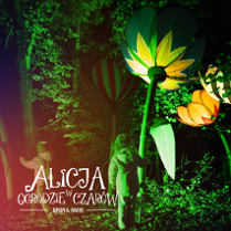 Zdjęcie zrobione nocą w parku, w którym podświetlono rosliny tworząc magiczny nastrój. Z boku napis Alicja w ogrodzie czarów.