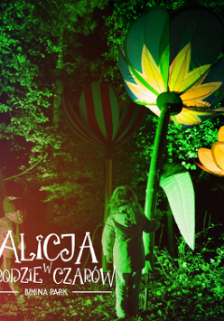 Zdjęcie zrobione nocą w parku, w którym podświetlono rosliny tworząc magiczny nastrój. Z boku napis Alicja w ogrodzie czarów.
