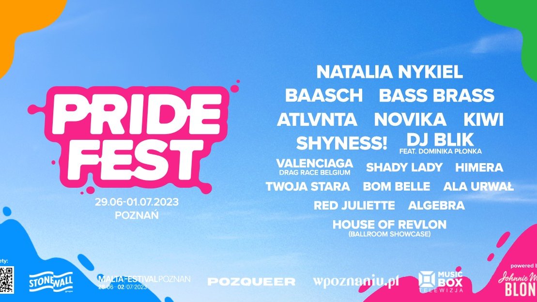 Grafika promująca Pride Fest. Z prawej strony biała nazwa festiwalu na niebieskim tle, przypominająm niebo.