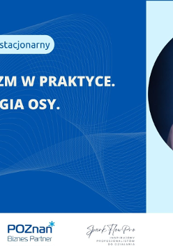 Grafika promująca wydarzenie. Na niebieskim tle zdjęcie kobiety.