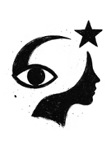 Czarno-biała ilustracja przedstawiająca profil ludzkiej twarzy połączony z motywami oka, półksiężyca i gwiazdy w abstrakcyjnej kompozycji.