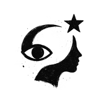 Czarno-biała ilustracja przedstawiająca profil ludzkiej twarzy połączony z motywami oka, półksiężyca i gwiazdy w abstrakcyjnej kompozycji.