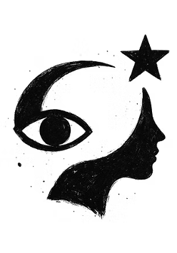 Czarno-biała ilustracja przedstawiająca profil ludzkiej twarzy połączony z motywami oka, półksiężyca i gwiazdy w abstrakcyjnej kompozycji.