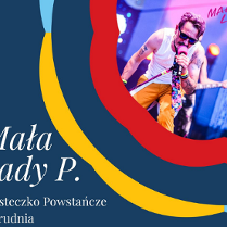 Plakat promujący koncert na miasteczkowej scenie. W prawym, górnym narożniku zdjęcie koncertowej sceny z wokalistą. Granatowe tło, obok czerwone, żółte i niebieskie wstęgi.