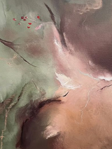 Abstrakcyjny obraz przedstawiający harmonijną kompozycję pastelowych odcieni zieleni, brązu i beżu.