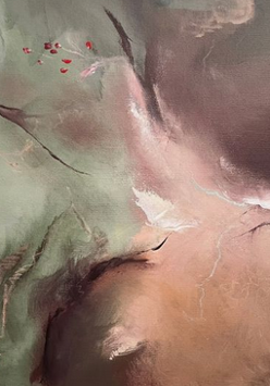 Abstrakcyjny obraz przedstawiający harmonijną kompozycję pastelowych odcieni zieleni, brązu i beżu.