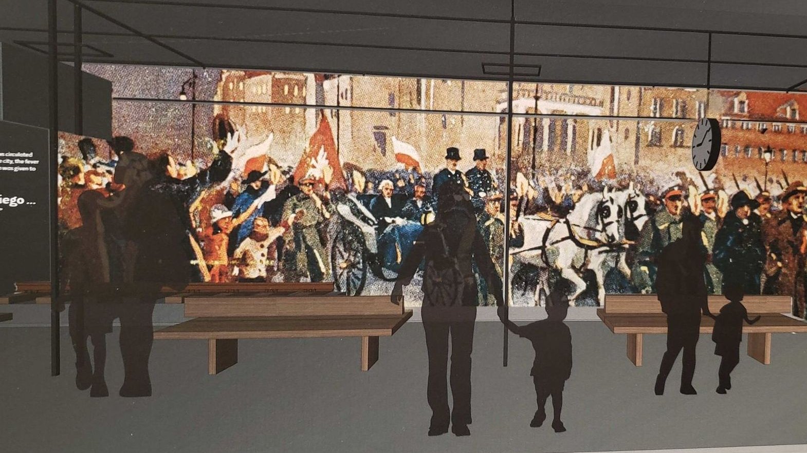 Obaz na ścianie przedstawiający przejazd Paderewskiego przez miasto, przed obrazem sylwetki oglądających widzów