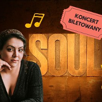 Zdjęcie dziewczyny, podpierającej brodę, za nią świecący napis Soul i dwie nuty, w prawym górnym rogu grafika starego biletu z napisem koncert biletowany.