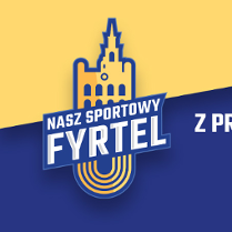 Żółto-niebieskie logo z budynkiem Ratusza i napisem "nasz sportowy Fyrtel"