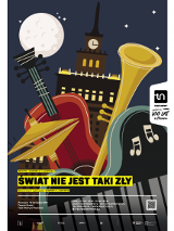 Plakat wydarzenia - rysunek kilku instrumentów muzycznych na tle budynku z wieżą i zegarem. Na dole plakatu informacje o recitalu.