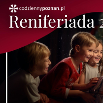 Plakat z dziećmi, które trzymają prezent. Mają świąteczne czapki.