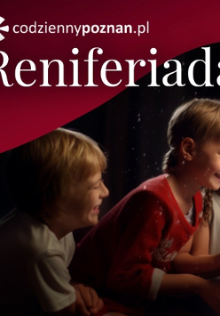 Plakat z dziećmi, które trzymają prezent. Mają świąteczne czapki.