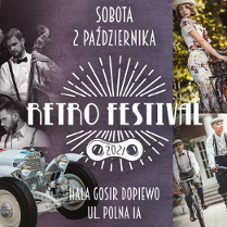 Obrazek przedstawia napis Retro Festival 2021, zawiera także adres imprezy. Znajdują się na nim w kolejności wskazówek zegara kobieta i mężczyźni w strojach z epoki międzywojnia na rowerach, maska zabytkowego samochodu oraz część członków zespołu muzycznego Gentle Swing.