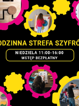 na czarnym tle różowe i żółte zębatki, w które wpisane są zdjęcia dzieci i dorosłych bawiących się zagadkami.