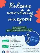 Obrazek reklamuje rodzinne warsztaty muzyczne Dziecięce Nutki z okazji dnia babci i dziadka.