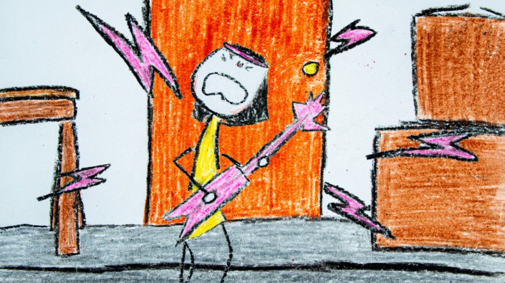 Dziewczynka gra na różowej gitarze i krzyczy lub śpiewa. Obrazek przypomina rysunek wykonany przez dziecko.