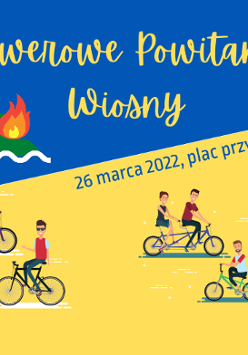Rowerzyści i płonący czołg umieszczeni na tle w barwach flagi Ukrainy.