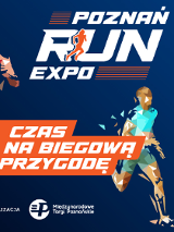 Kolorowo ubrani biegacze i nazwa wydarzenia.