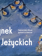 Grafika z lampkami i jeżykiem. Napis: Rynek Rozmaitości Jeżyckich.