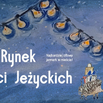 Grafika z lampkami i jeżykiem. Napis: Rynek Rozmaitości Jeżyckich.